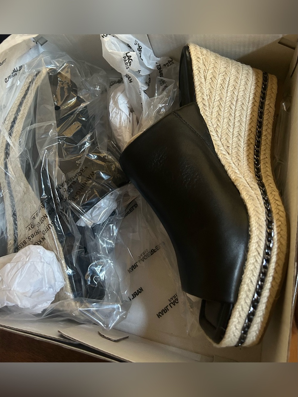 Karl Lagerfeld Black Leather Espadrille Wedge Sandals